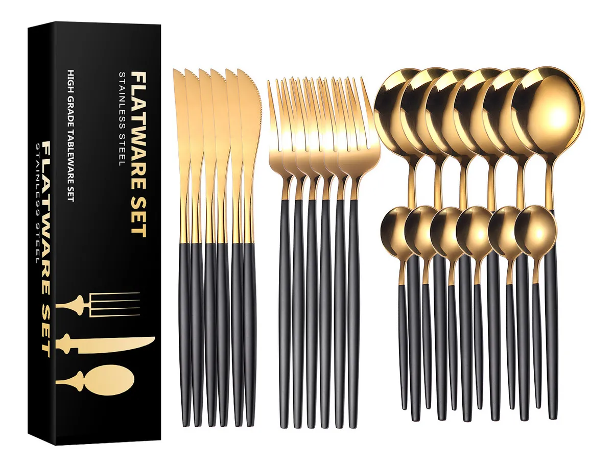24pcs Conjunto De Talheres De Aço Luxo Inoxidável Preto-ouro
